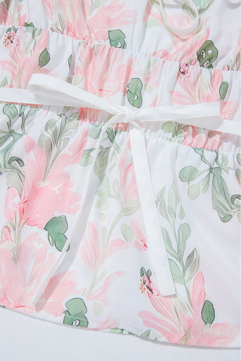 Floral Print Puff Sleeve Tie Detail Peplum Blouse