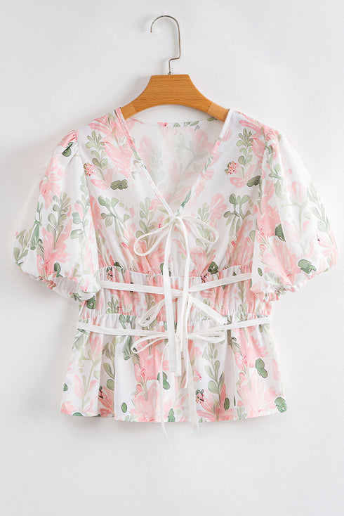 Floral Print Puff Sleeve Tie Detail Peplum Blouse