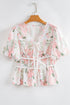Floral Print Puff Sleeve Tie Detail Peplum Blouse