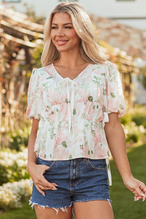 Floral Print Puff Sleeve Tie Detail Peplum Blouse