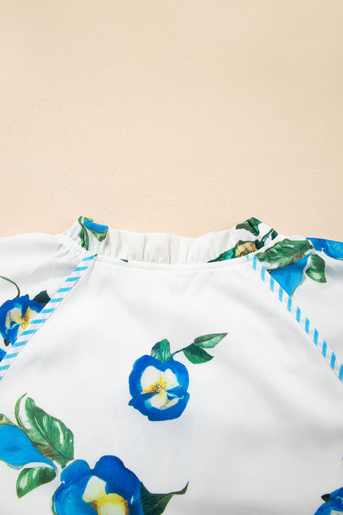 Floral Print Puff Sleeve Tie Neck Mini Dress