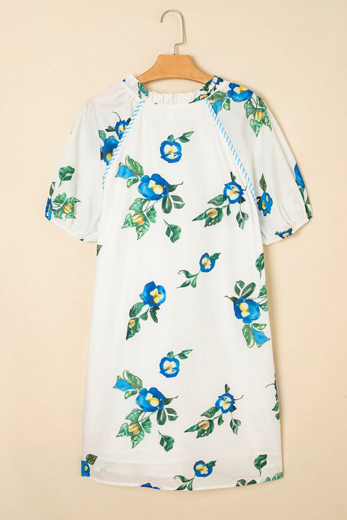 Floral Print Puff Sleeve Tie Neck Mini Dress