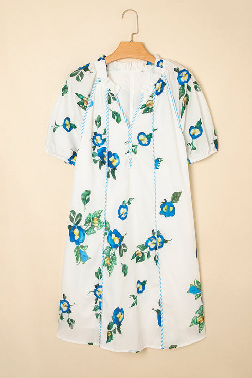 Floral Print Puff Sleeve Tie Neck Mini Dress