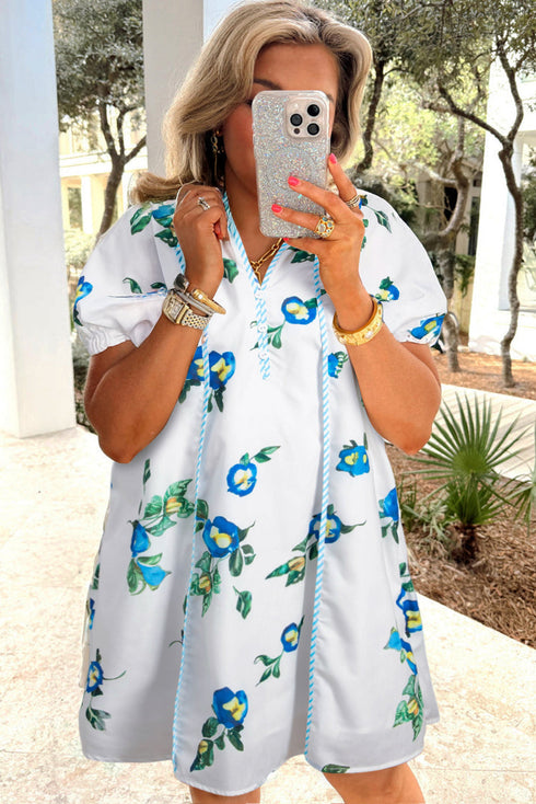 Floral Print Puff Sleeve Tie Neck Mini Dress