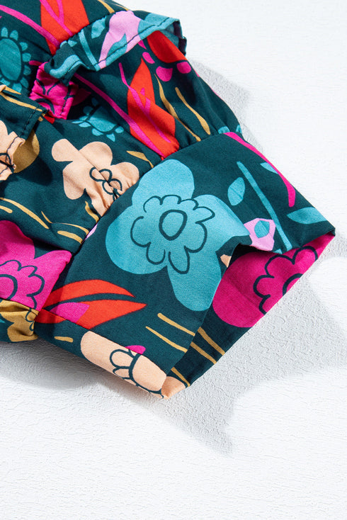 Floral Print Puff Sleeve Tied V Neck Cotton Blouse