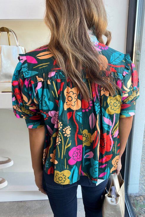 Floral Print Puff Sleeve Tied V Neck Cotton Blouse