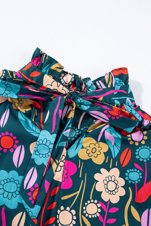 Floral Print Puff Sleeve Tied V Neck Cotton Blouse
