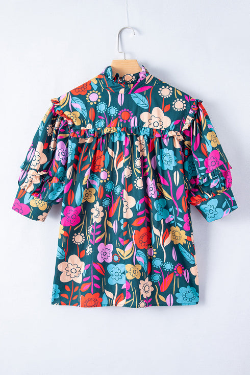 Floral Print Puff Sleeve Tied V Neck Cotton Blouse