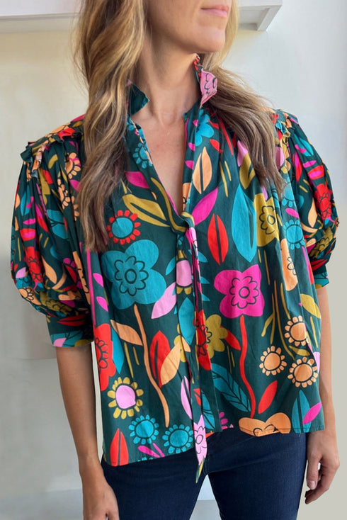 Floral Print Puff Sleeve Tied V Neck Cotton Blouse