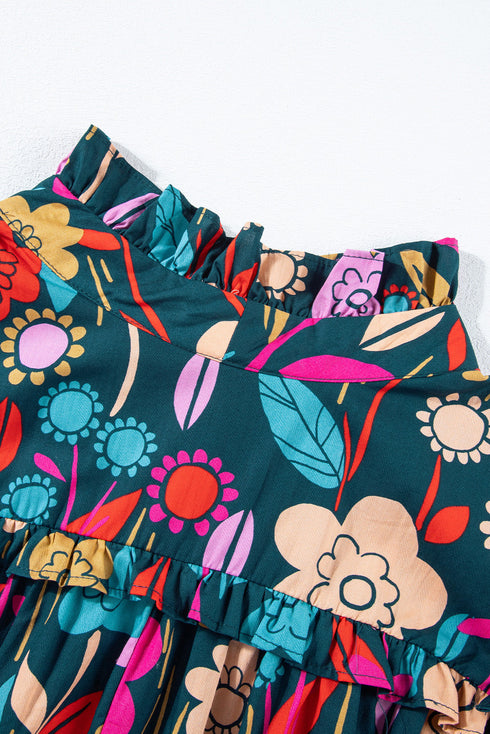 Floral Print Puff Sleeve Tied V Neck Cotton Blouse