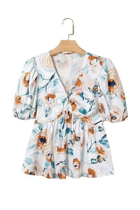 Floral Print Puff Sleeve V Neck Babydoll Blouse