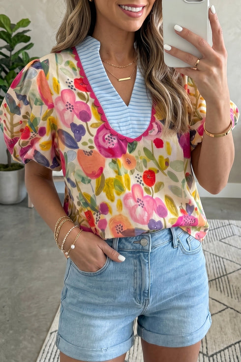 Floral Print Puff Sleeve V Neck Cotton Blouse