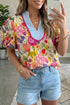 Floral Print Puff Sleeve V Neck Cotton Blouse
