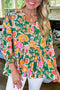 Floral Print Puff Sleeve V Neck Peplum Blouse