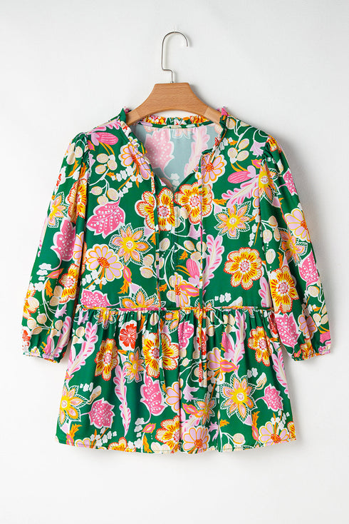 Floral Print Puff Sleeve V Neck Peplum Blouse