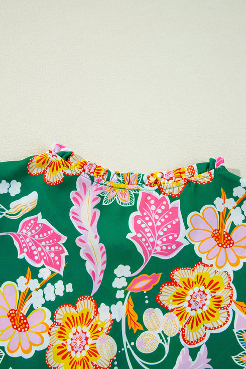 Floral Print Puff Sleeve V Neck Peplum Blouse