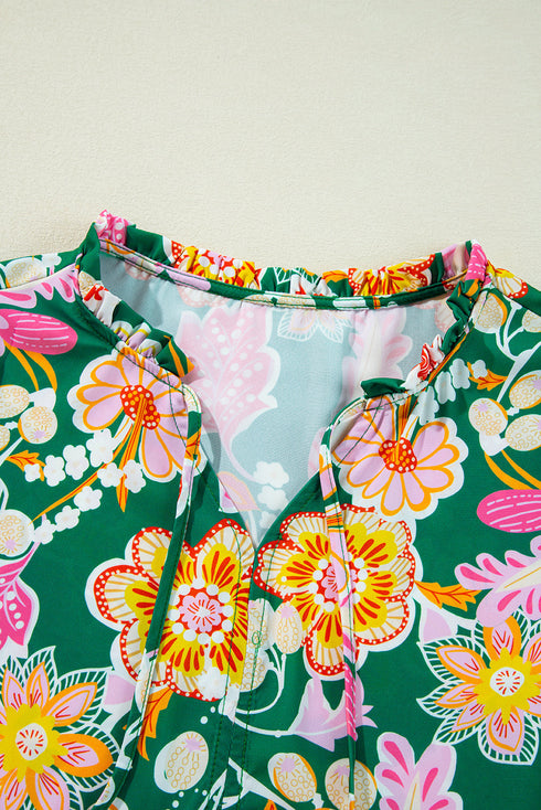 Floral Print Puff Sleeve V Neck Peplum Blouse