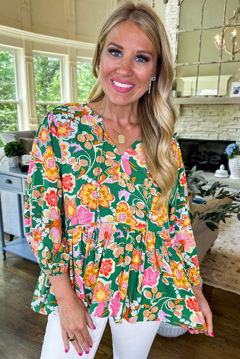 Floral Print Puff Sleeve V Neck Peplum Blouse