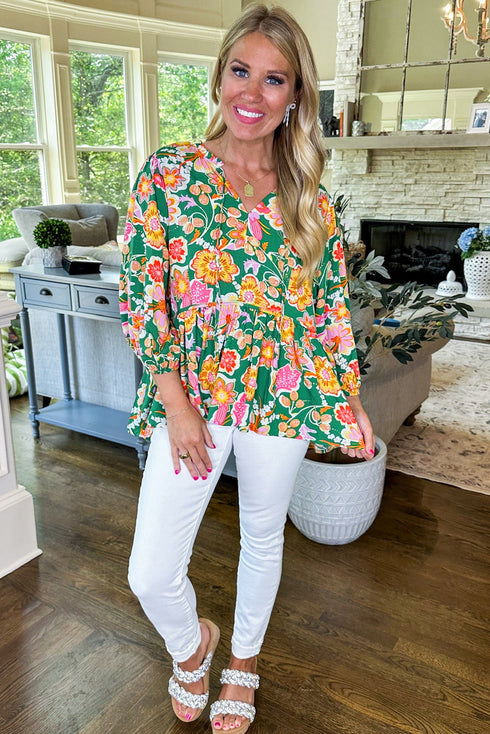 Floral Print Puff Sleeve V Neck Peplum Blouse