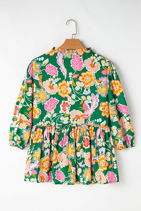 Floral Print Puff Sleeve V Neck Peplum Blouse