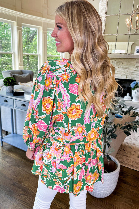 Floral Print Puff Sleeve V Neck Peplum Blouse