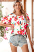 Floral Print Puffy Half Sleeve V Neck Woven Blouse