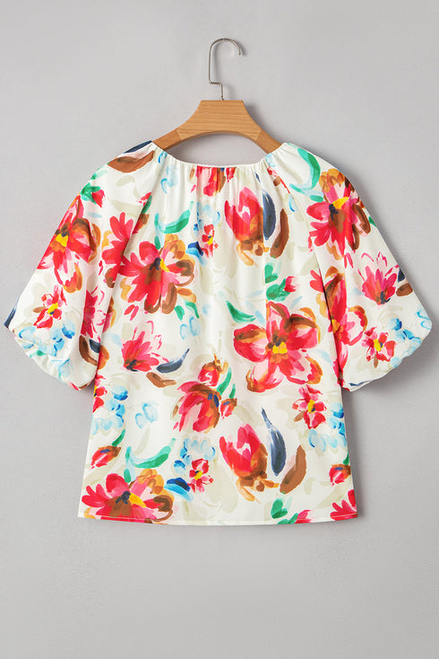 Floral Print Puffy Half Sleeve V Neck Woven Blouse