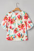 Floral Print Puffy Half Sleeve V Neck Woven Blouse