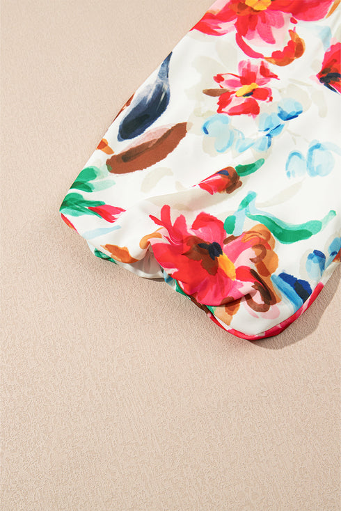 Floral Print Puffy Half Sleeve V Neck Woven Blouse