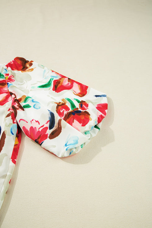 Floral Print Puffy Half Sleeve V Neck Woven Blouse