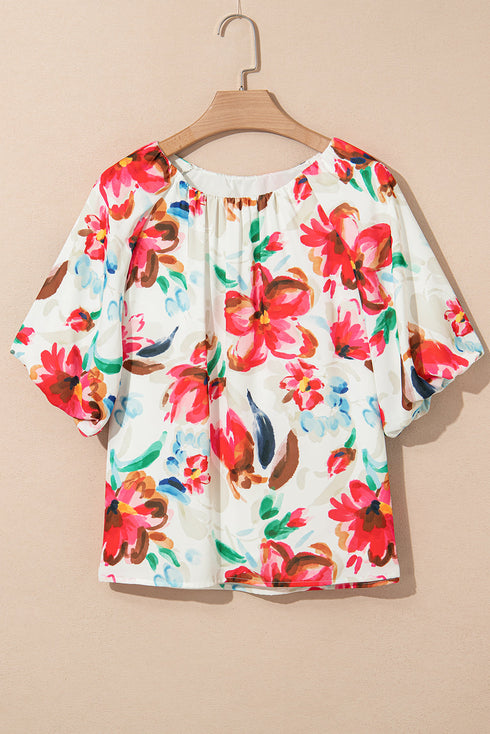 Floral Print Puffy Half Sleeve V Neck Woven Blouse