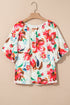 Floral Print Puffy Half Sleeve V Neck Woven Blouse