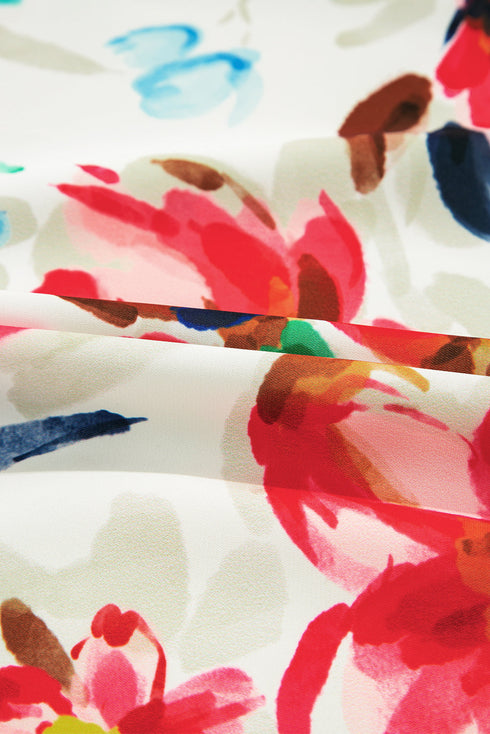 Floral Print Puffy Half Sleeve V Neck Woven Blouse