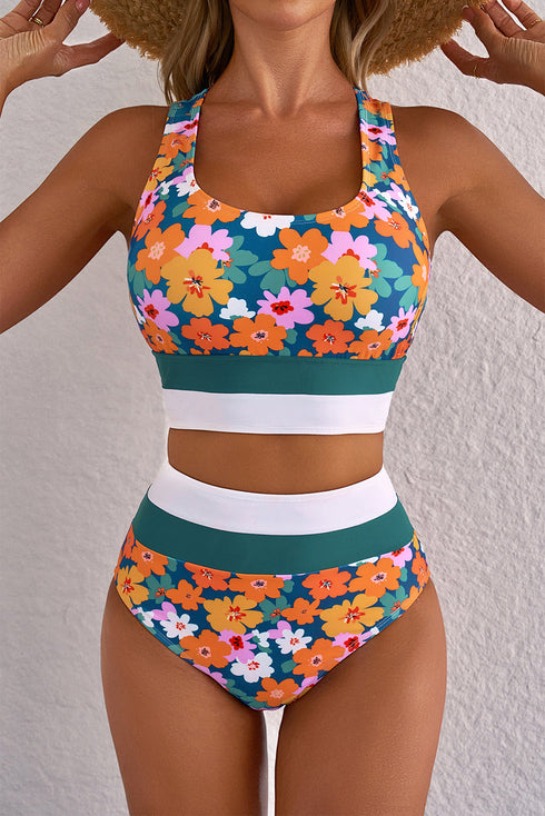 Floral Print Racerback Cutout High Waist 2pcs Bikini