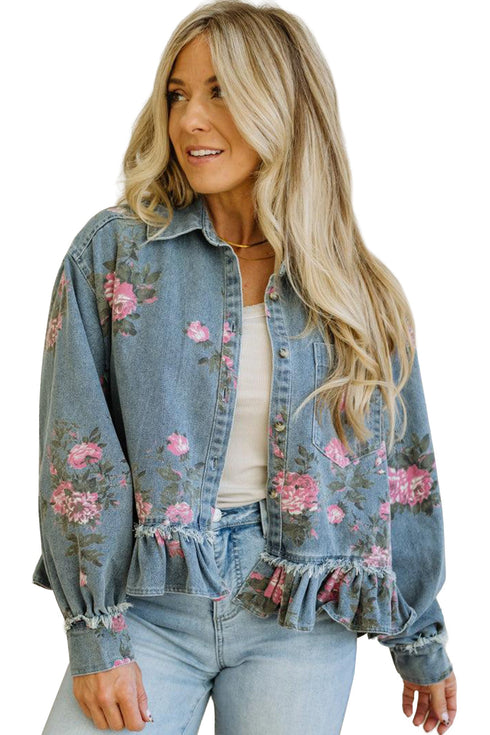 Floral Print Raw Seam Ruffle Hem Denim Jacket