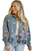 Floral Print Raw Seam Ruffle Hem Denim Jacket