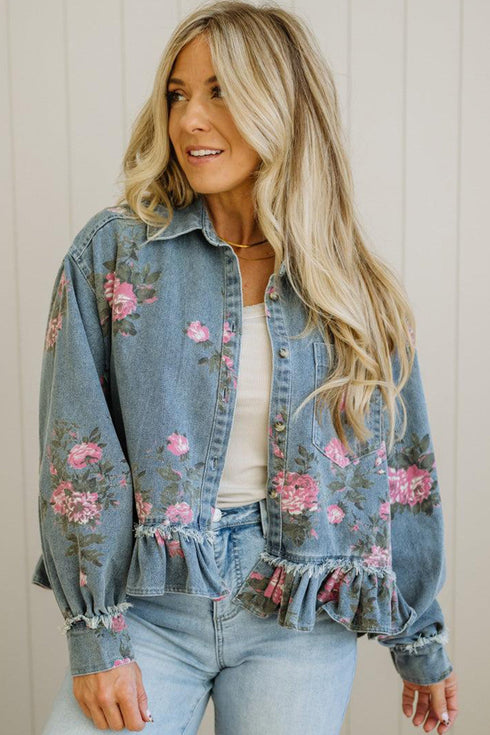 Floral Print Raw Seam Ruffle Hem Denim Jacket