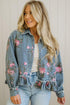 Floral Print Raw Seam Ruffle Hem Denim Jacket