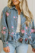 Floral Print Raw Seam Ruffle Hem Denim Jacket