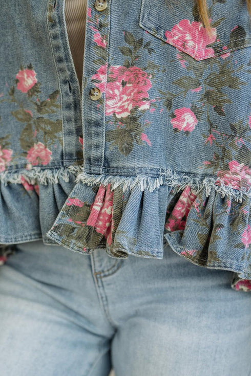 Floral Print Raw Seam Ruffle Hem Denim Jacket