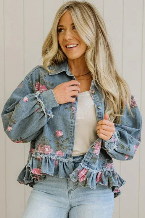 Floral Print Raw Seam Ruffle Hem Denim Jacket