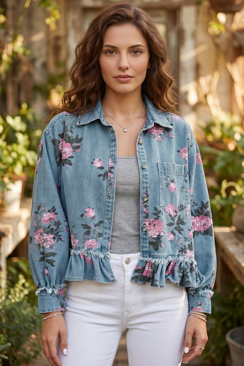 Floral Print Raw Seam Ruffle Hem Denim Jacket