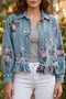Floral Print Raw Seam Ruffle Hem Denim Jacket