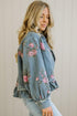 Floral Print Raw Seam Ruffle Hem Denim Jacket