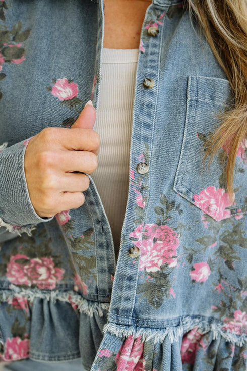 Floral Print Raw Seam Ruffle Hem Denim Jacket