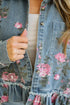 Floral Print Raw Seam Ruffle Hem Denim Jacket