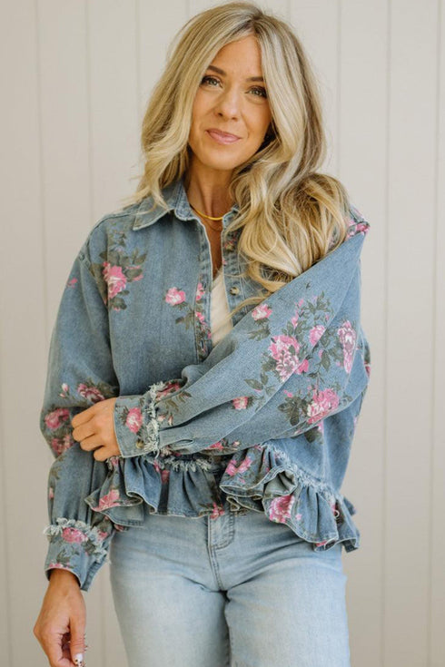 Floral Print Raw Seam Ruffle Hem Denim Jacket