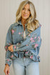 Floral Print Raw Seam Ruffle Hem Denim Jacket