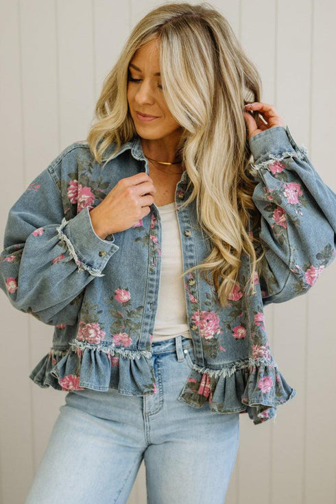 Floral Print Raw Seam Ruffle Hem Denim Jacket