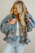 Floral Print Raw Seam Ruffle Hem Denim Jacket
